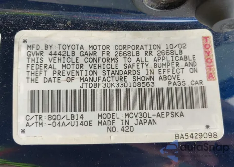 2003 Toyota Camry Se V6 from USA, damaged, VIN JTDBF30K330108563